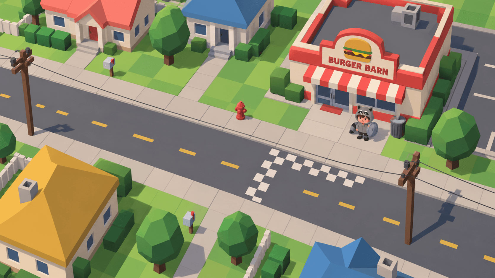 A bright low-poly neighborhood with colorful roofs, broad sidewalks, and Burger Barn on the corner.